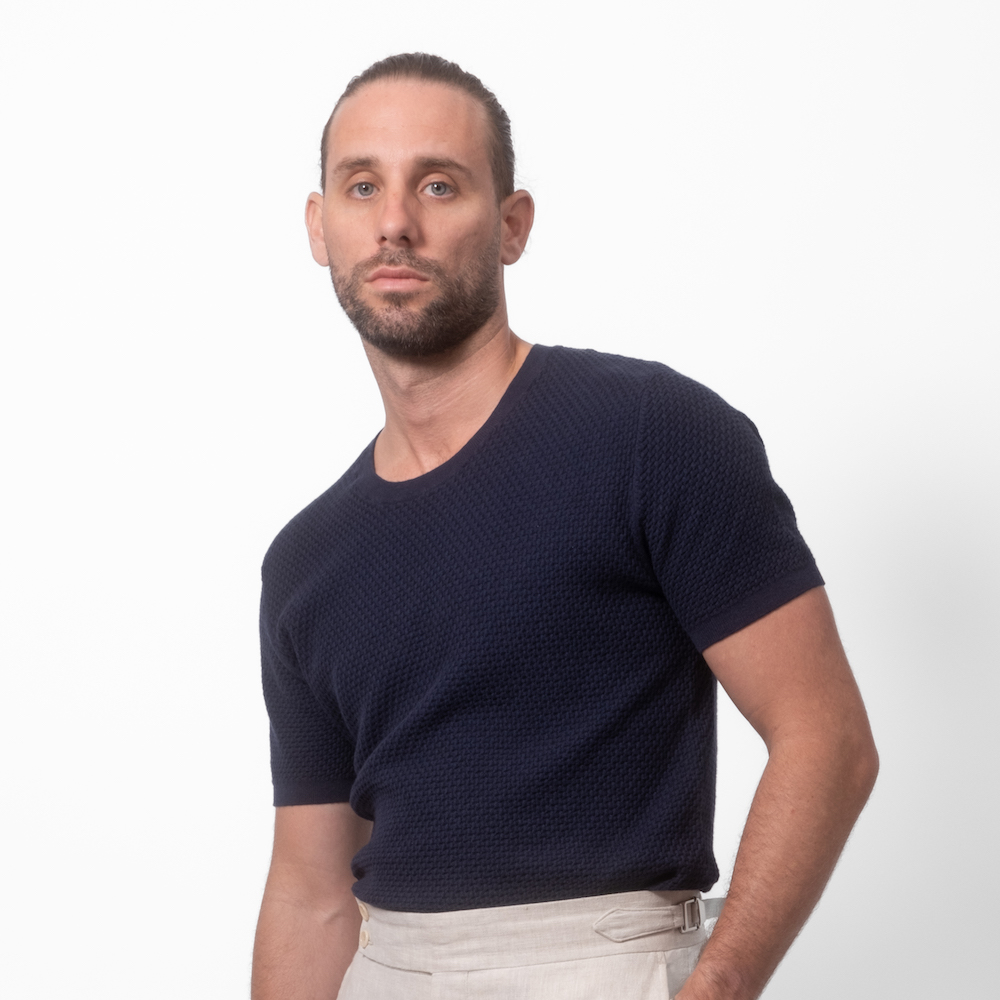 Cotton cashmere blend waffle tee french navy woolcott st