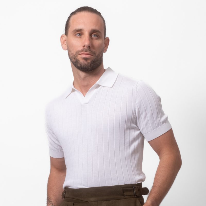 Cotton Silk-Blend Ribbed Polo Pearl White