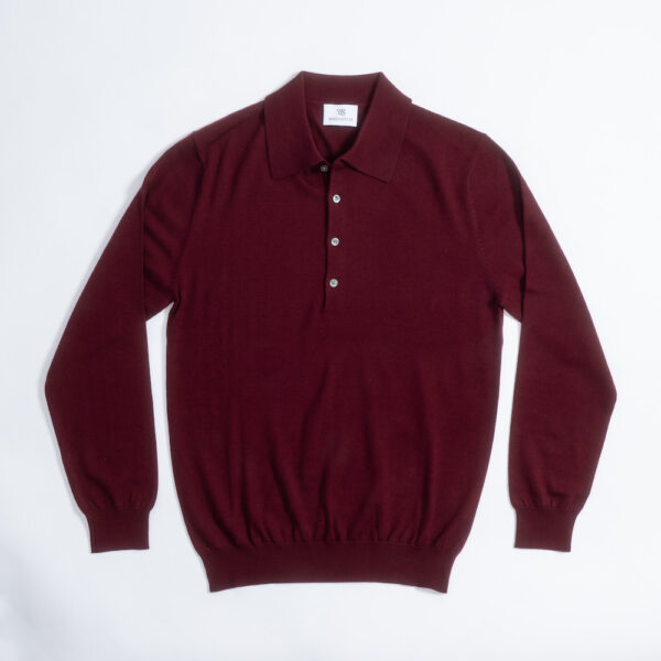 Merino Wool Long Sleeve Polo Shirt Shiraz - Image 2