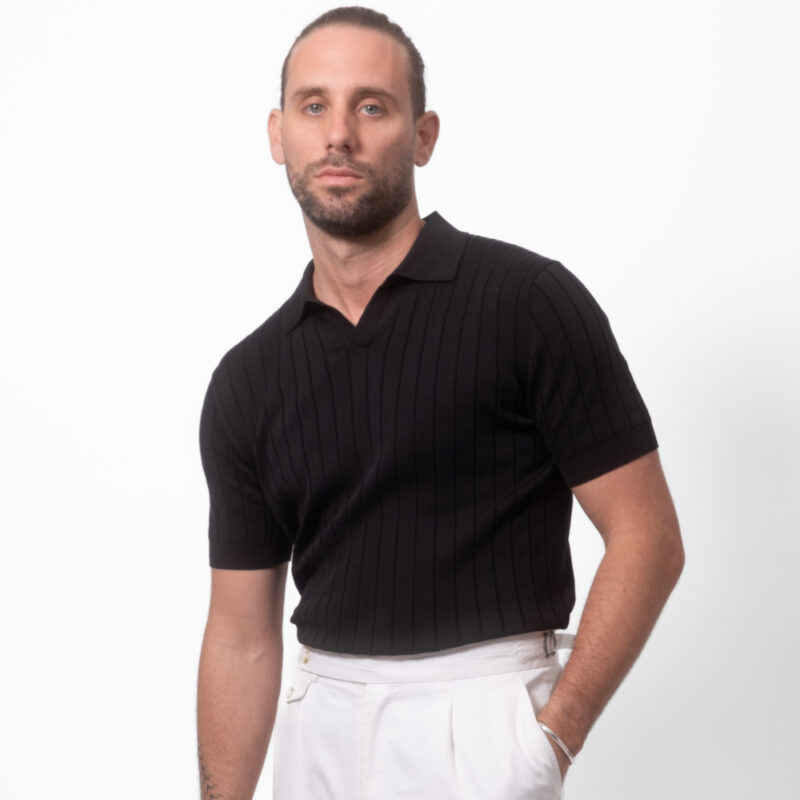Cotton Silk-Blend Ribbed Polo Onyx