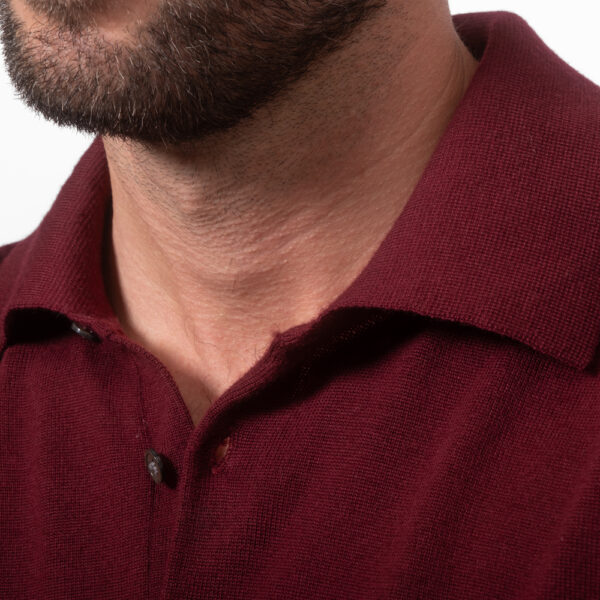 Merino Wool Long Sleeve Polo Shirt Shiraz - Image 3